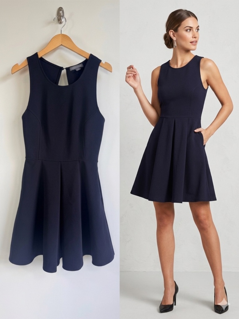 Kendall + Kylie Navy Ribbed Skater Dress Open Back Fit & Flare Mini Pocket M